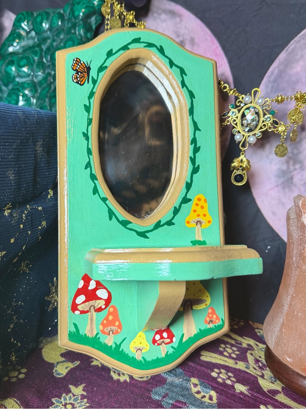 Hand Painted Whimsical Mushroom Decorative Mirror Shelf